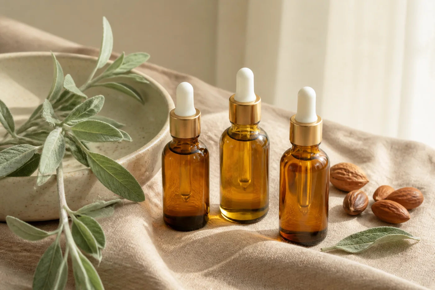 Amber bottles of light body oils with ceramic bowl and sage leaves