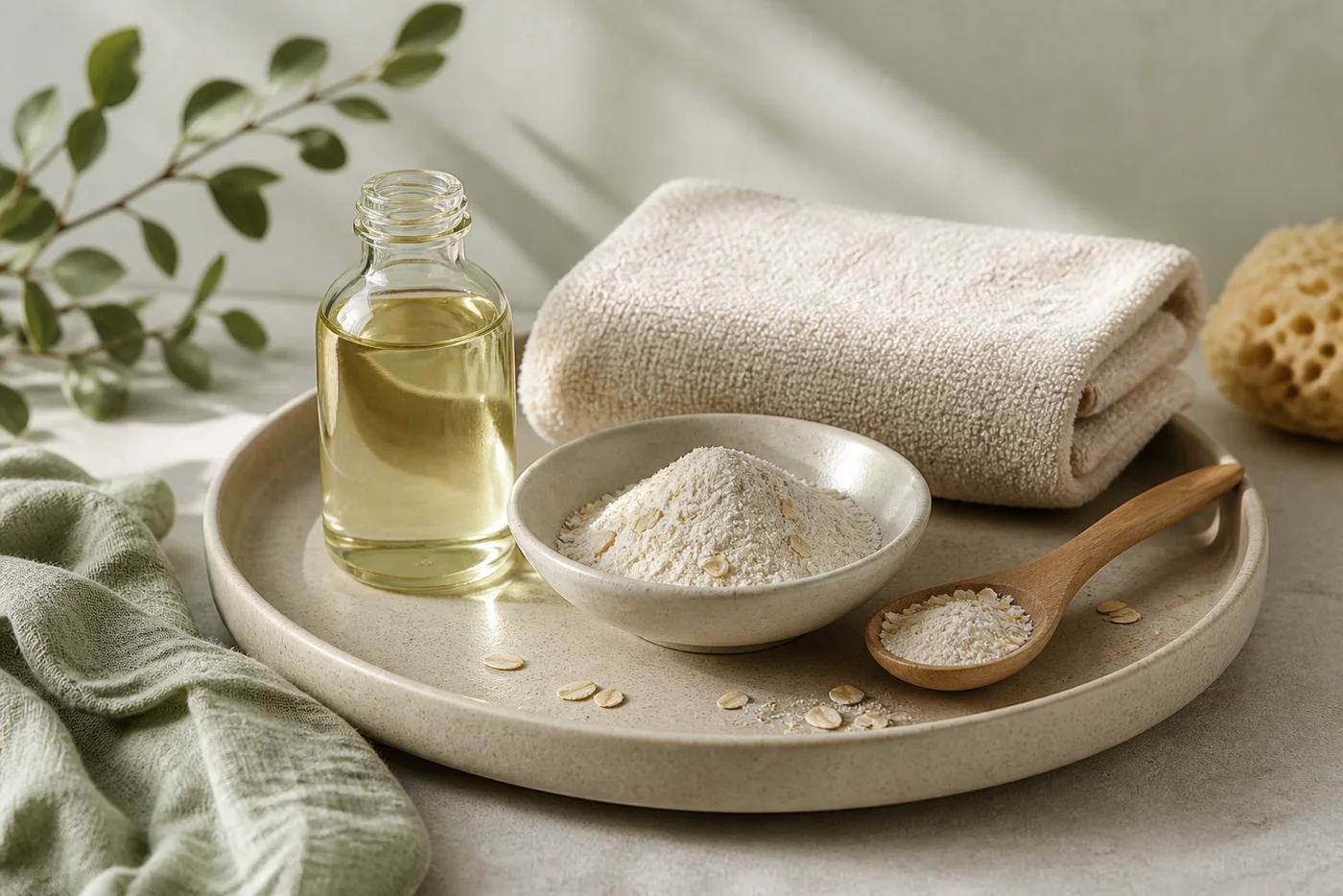 Body care tray with oil bottle towel oat flour and wooden spoon