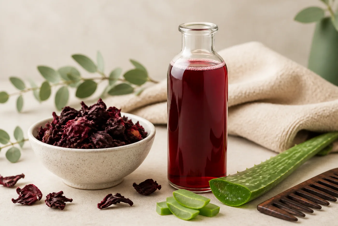 Hibiscus aloe hair rinse in a glass bottle with dried hibiscus aloe and a wide-tooth comb