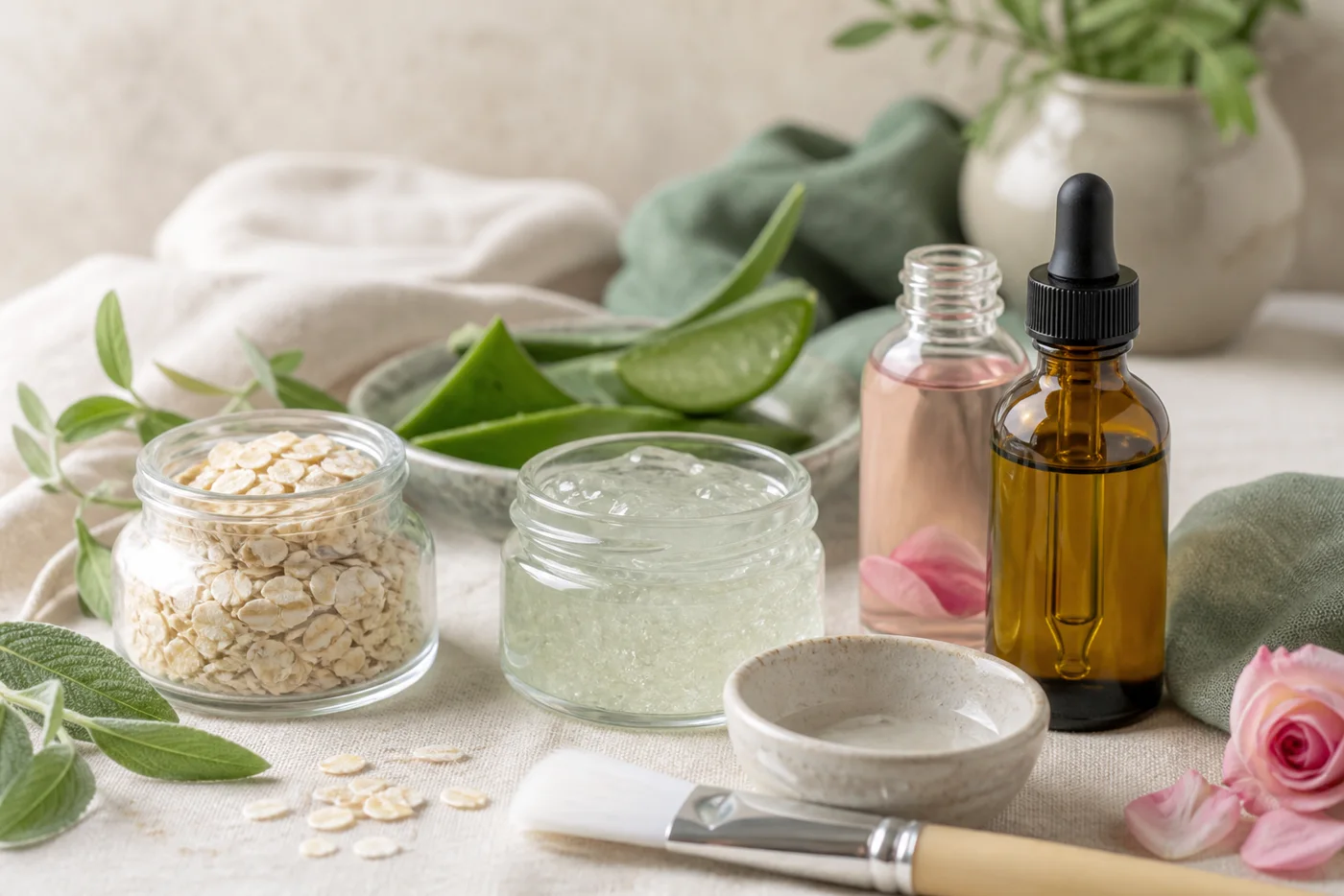 Glow Rituals DIY beauty basics with oats aloe rose water jojoba oil and a mask brush