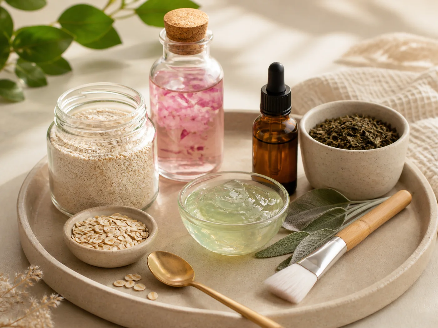 Tray of DIY beauty essentials with oats rose water aloe gel green tea and brush
