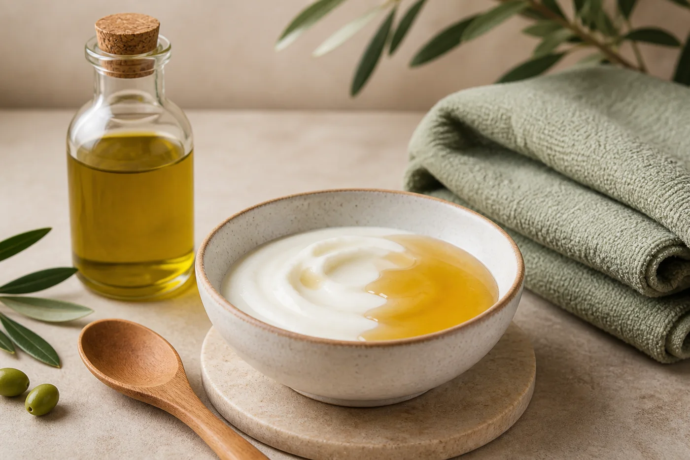 Yogurt honey and olive oil hair mask in a ceramic bowl with a soft towel