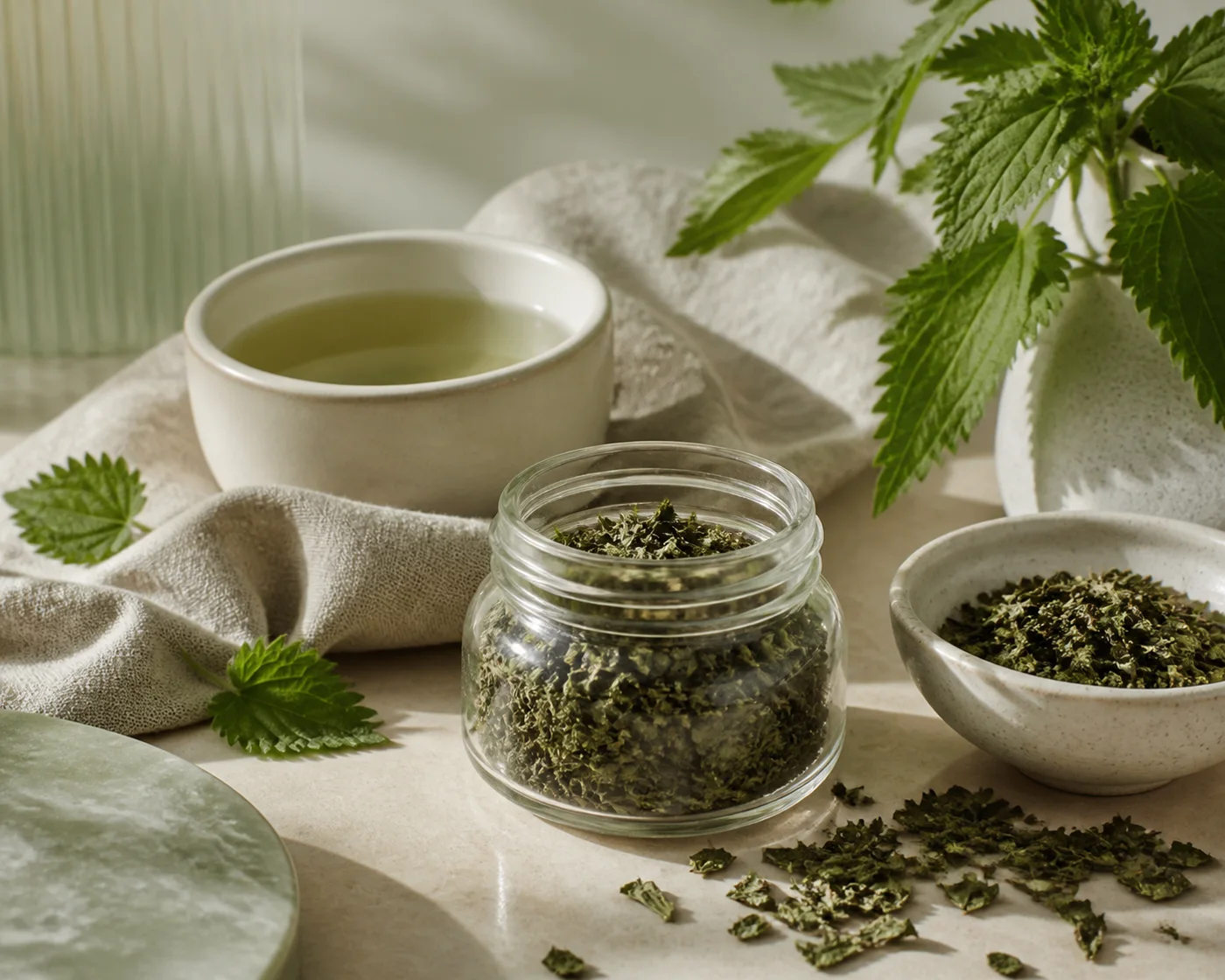 Dried nettle leaf and herbal tea for gentle beauty rituals
