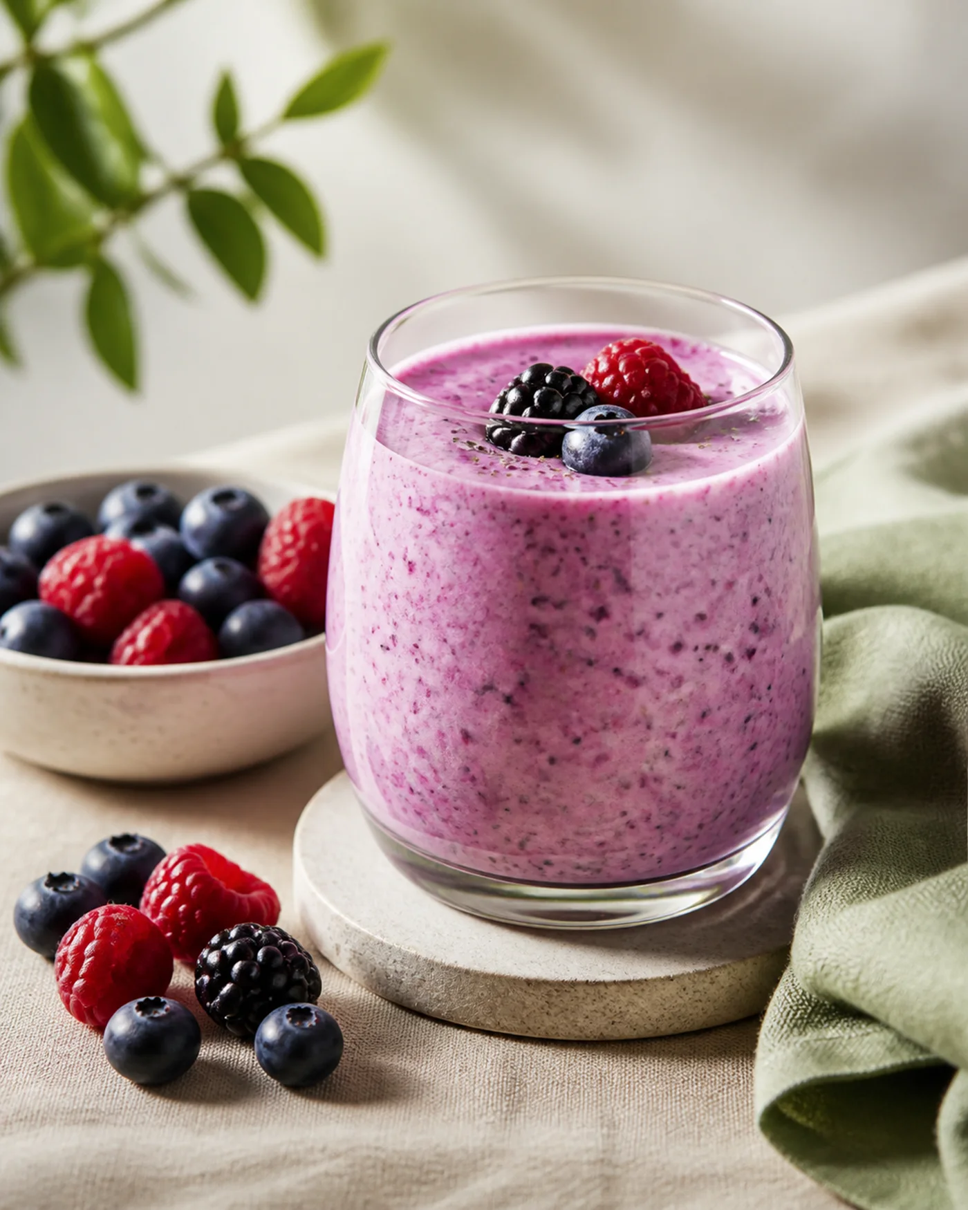 Berry kefir smoothie with raspberries blueberries oats and chia on beige linen