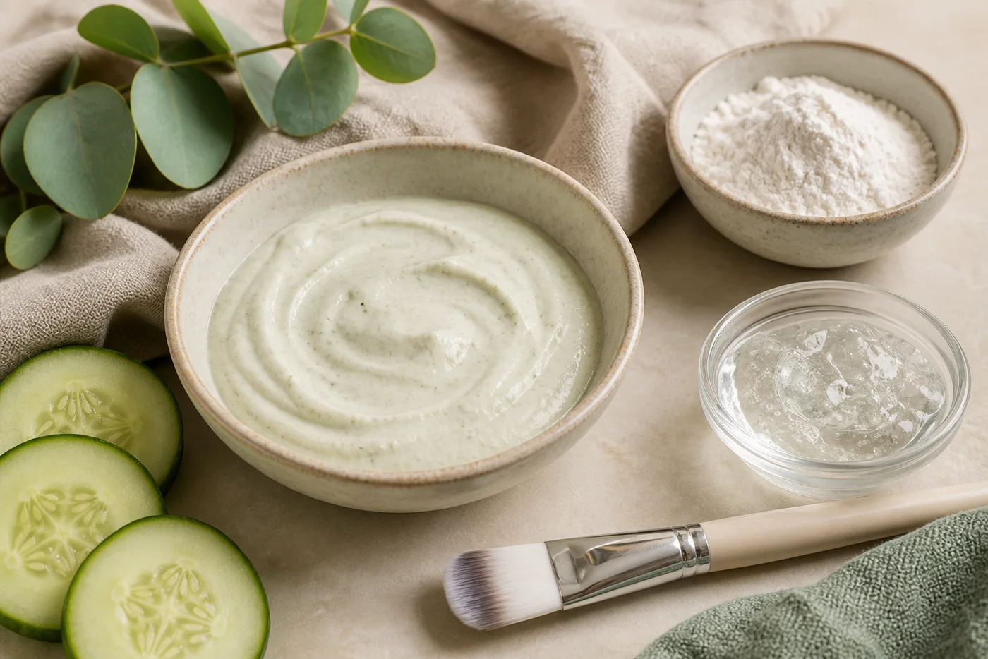 Cucumber aloe gel and rice flour face mask in a ceramic bowl with a mask brush