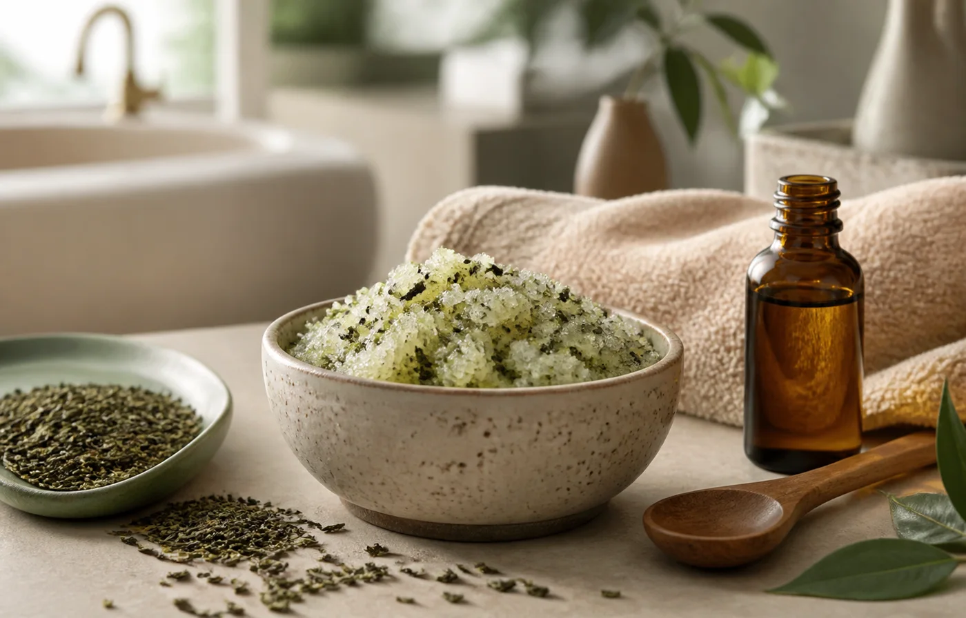 Green tea sugar body polish with jojoba oil in a ceramic bowl