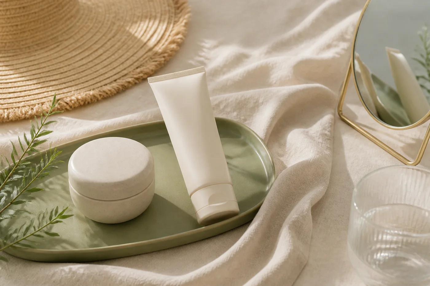 Unlabeled mineral sunscreen and skincare basics on a sage tray