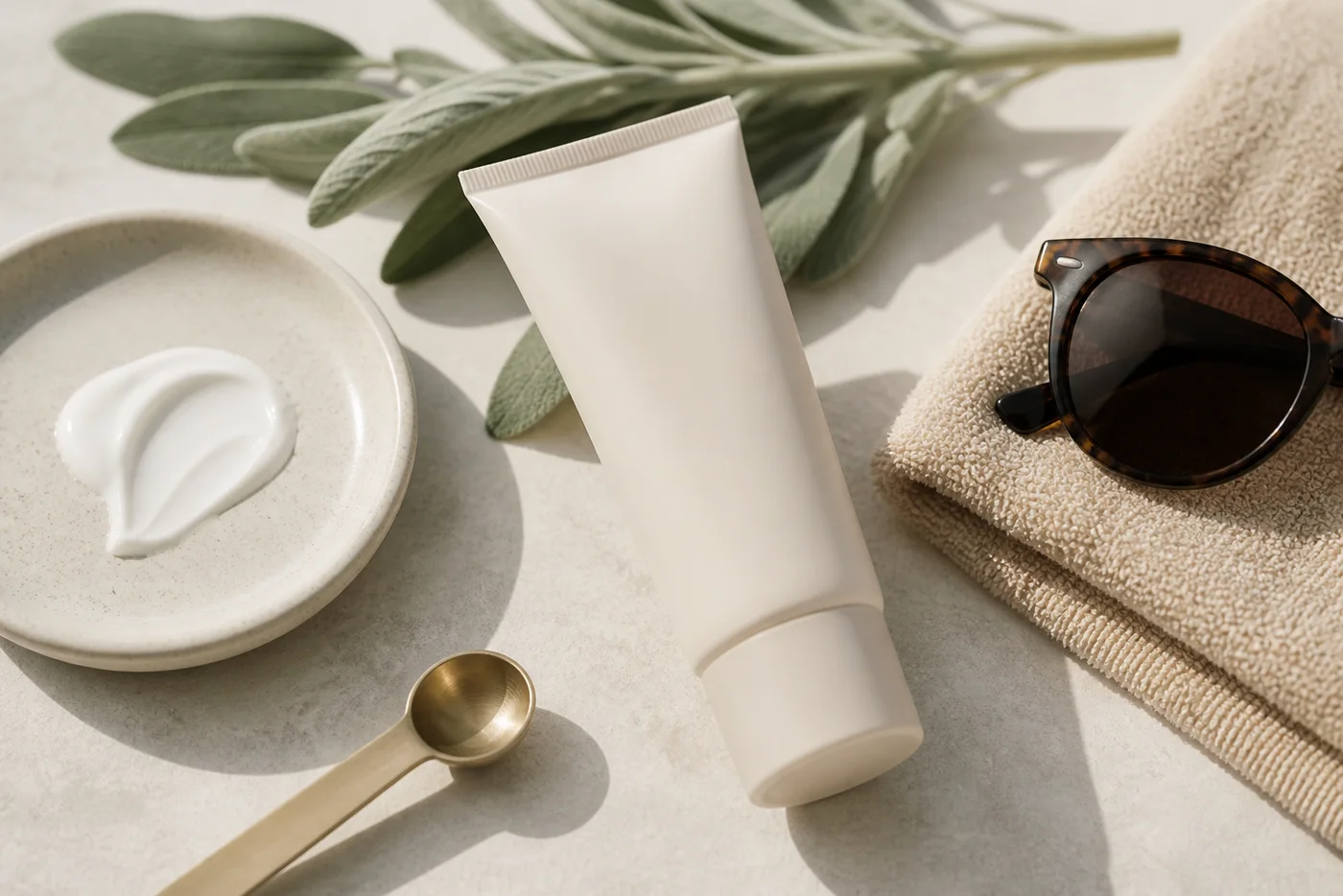 Mineral sunscreen application still life with SPF tube cream sunglasses and towel