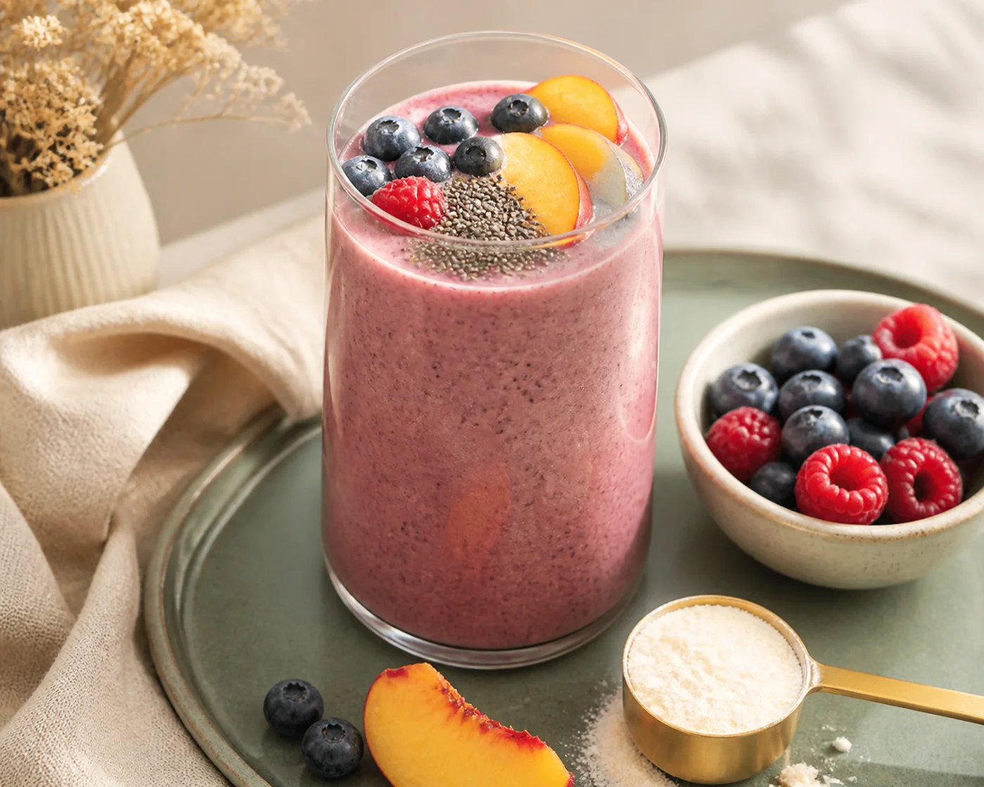 Berry peach collagen smoothie with chia and collagen powder