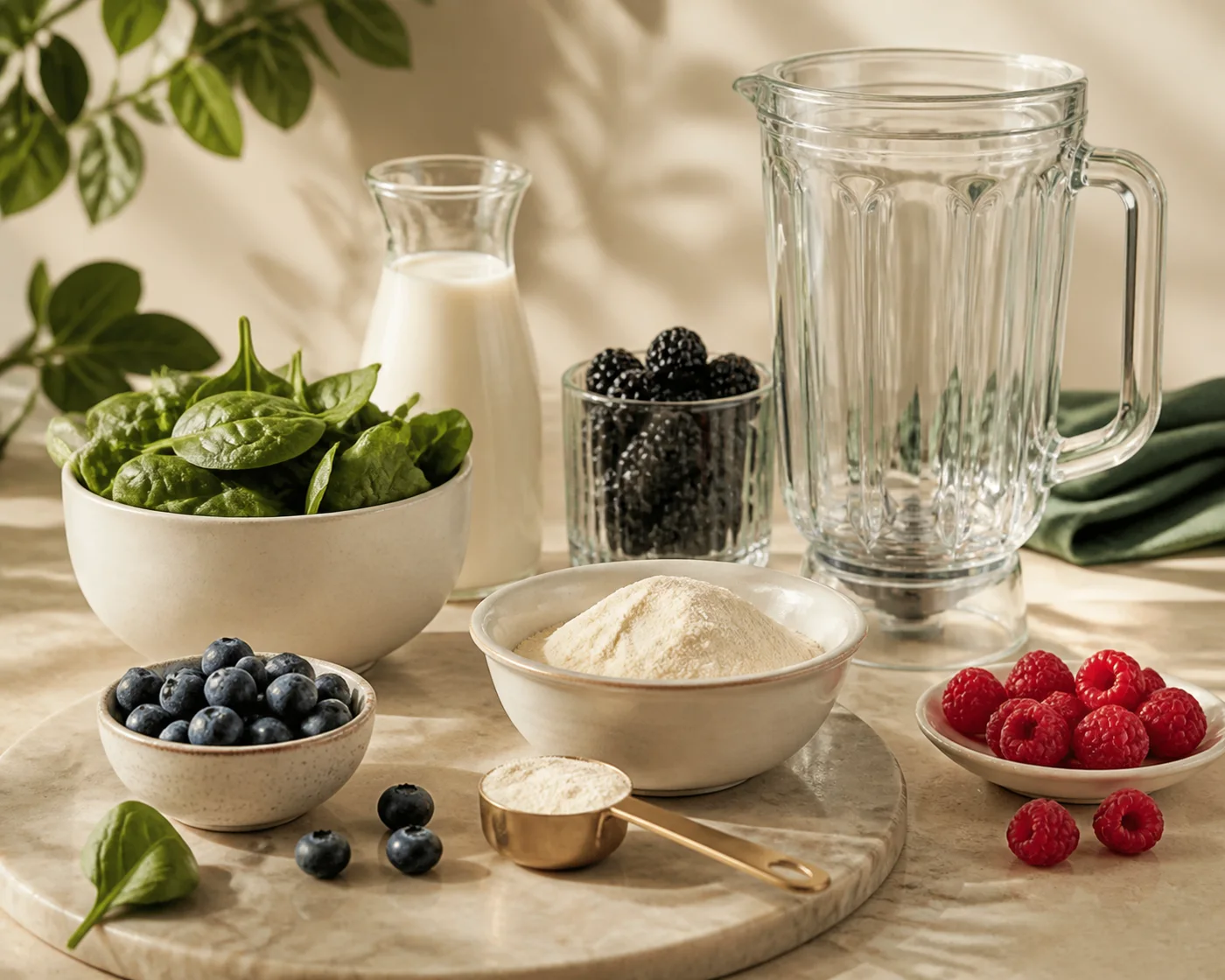 Smoothie ingredients with berries greens collagen powder and blender jar