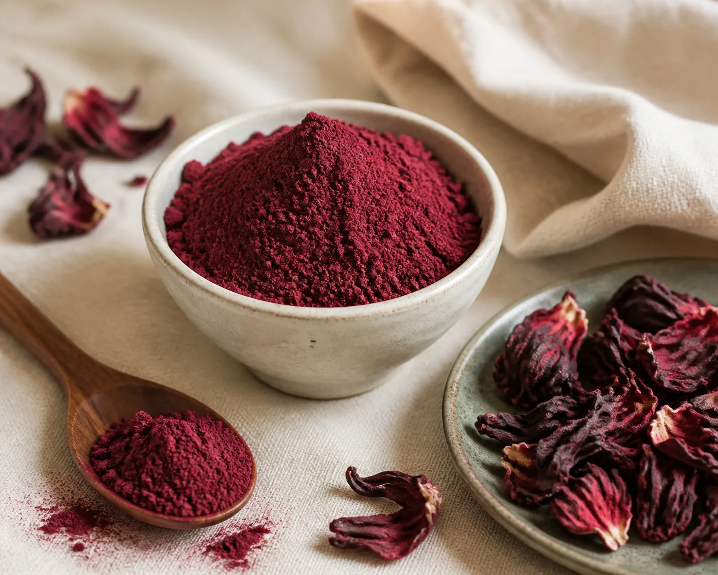 Hibiscus powder and dried hibiscus petals in ceramic bowls