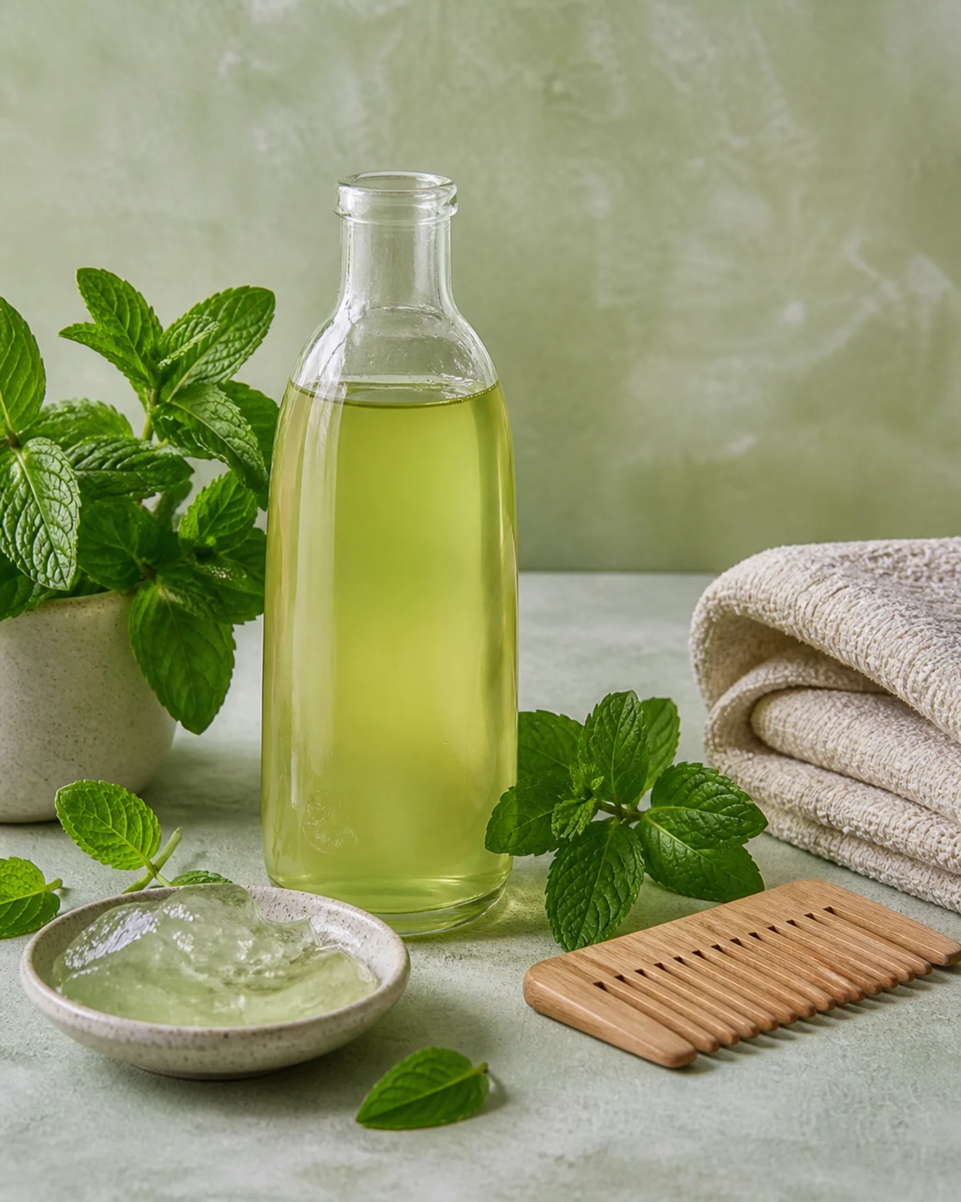 Mint green tea aloe scalp rinse in a glass bottle with comb and towel