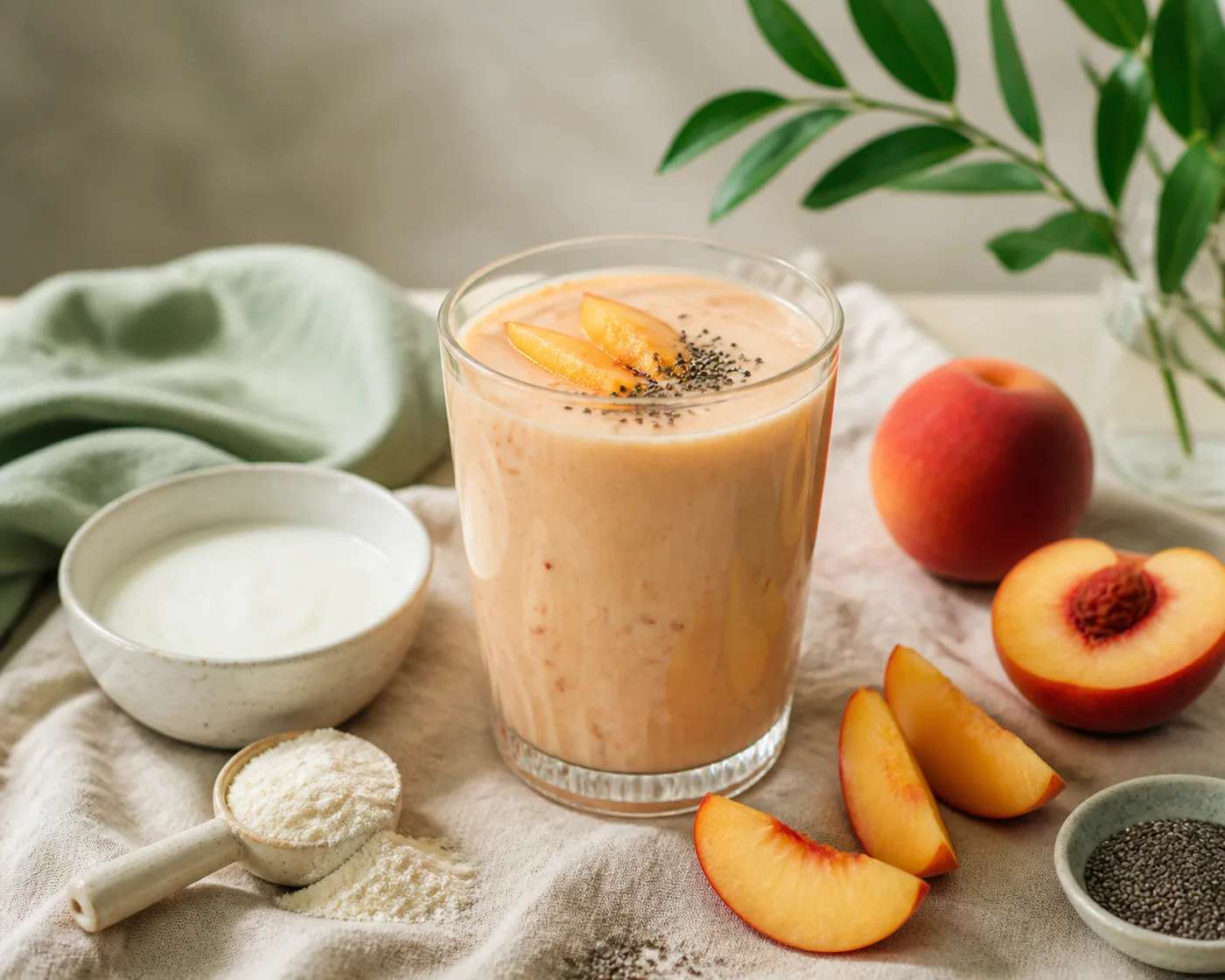 Peach kefir collagen smoothie with chia seeds and collagen powder