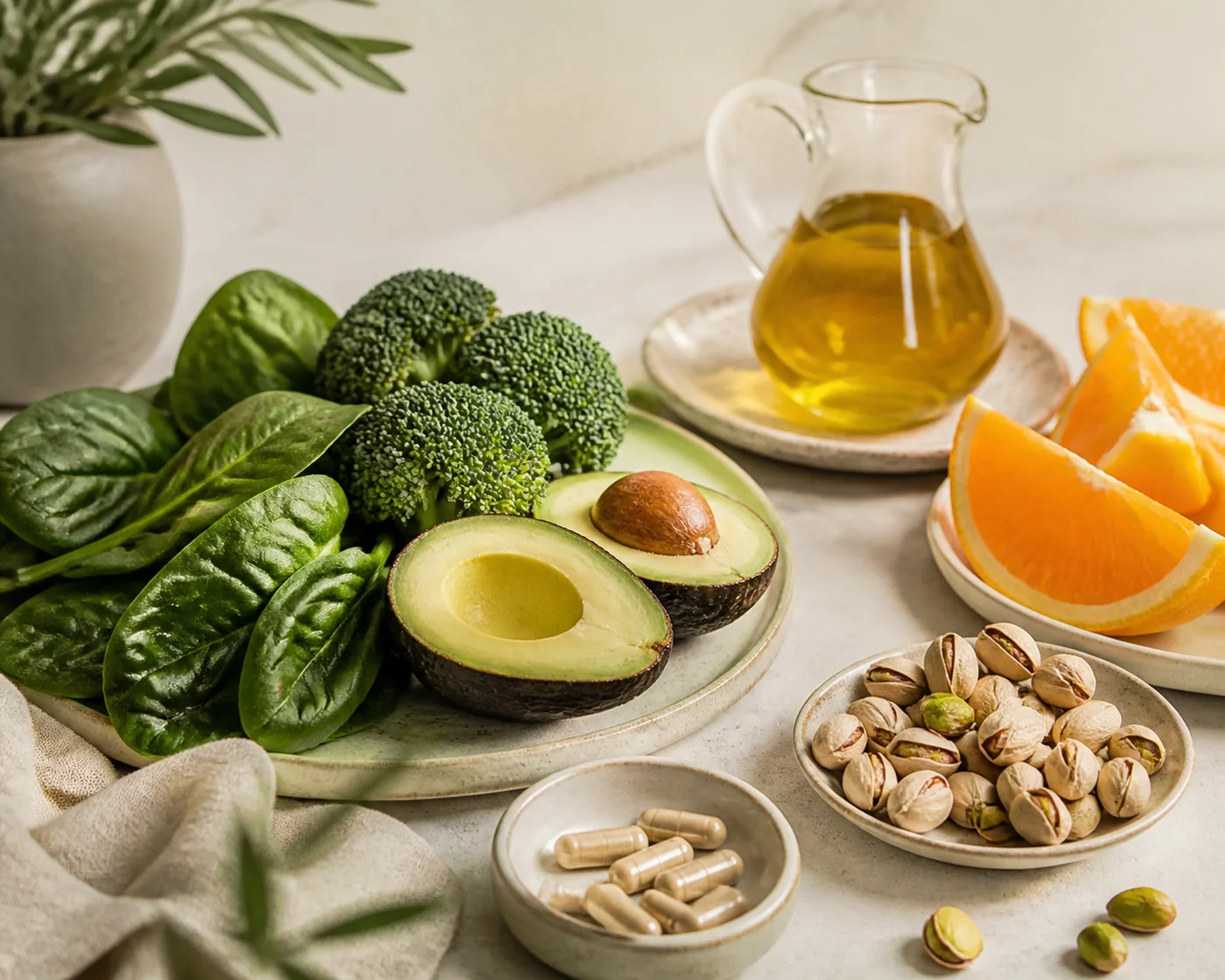 Spinach broccoli avocado orange pistachios olive oil and neutral supplement capsules on beige ceramics