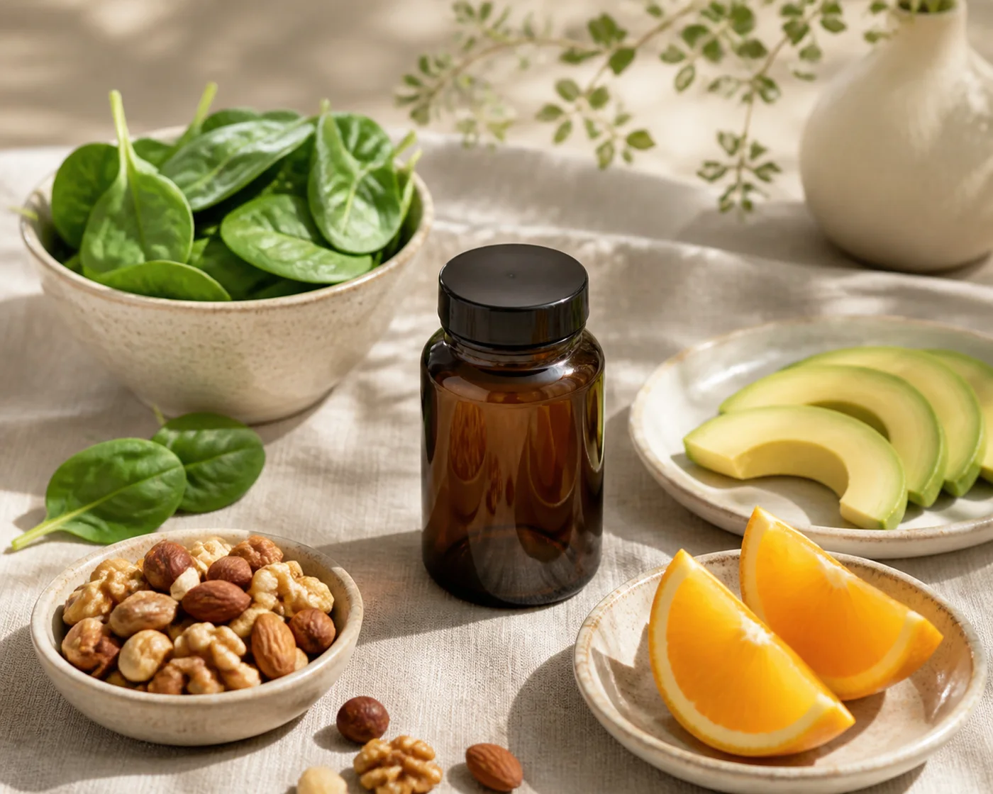 CoQ10 food-first beauty nutrition still life with greens avocado nuts and an unbranded supplement bottle