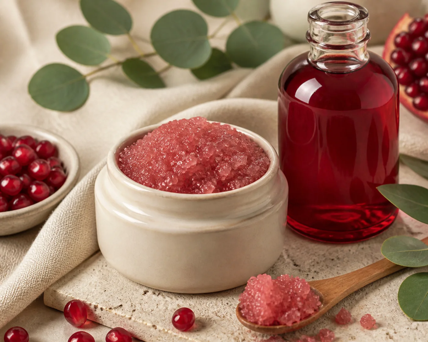 Pomegranate seed oil sugar body polish in a cream jar with pomegranate seeds