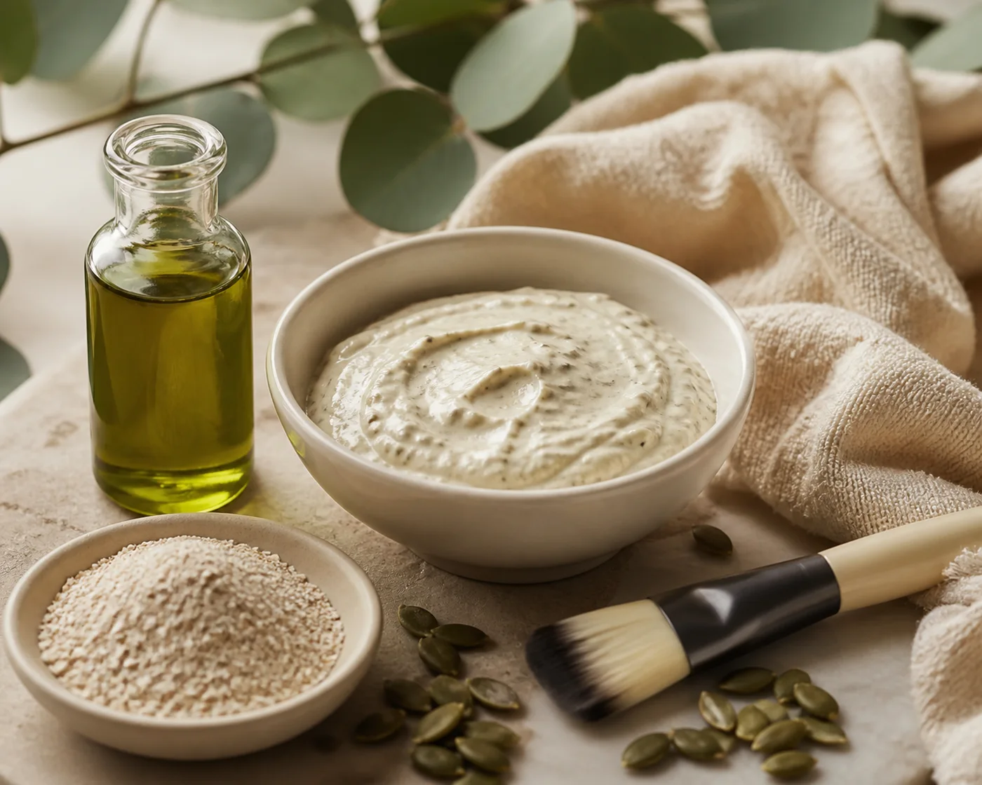 Pumpkin seed oil and oat soft comfort face mask in a ceramic bowl
