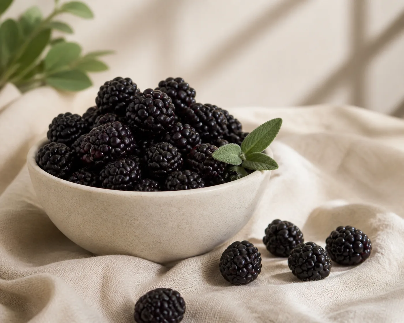 Fresh blackberries in a ceramic bowl on beige linen