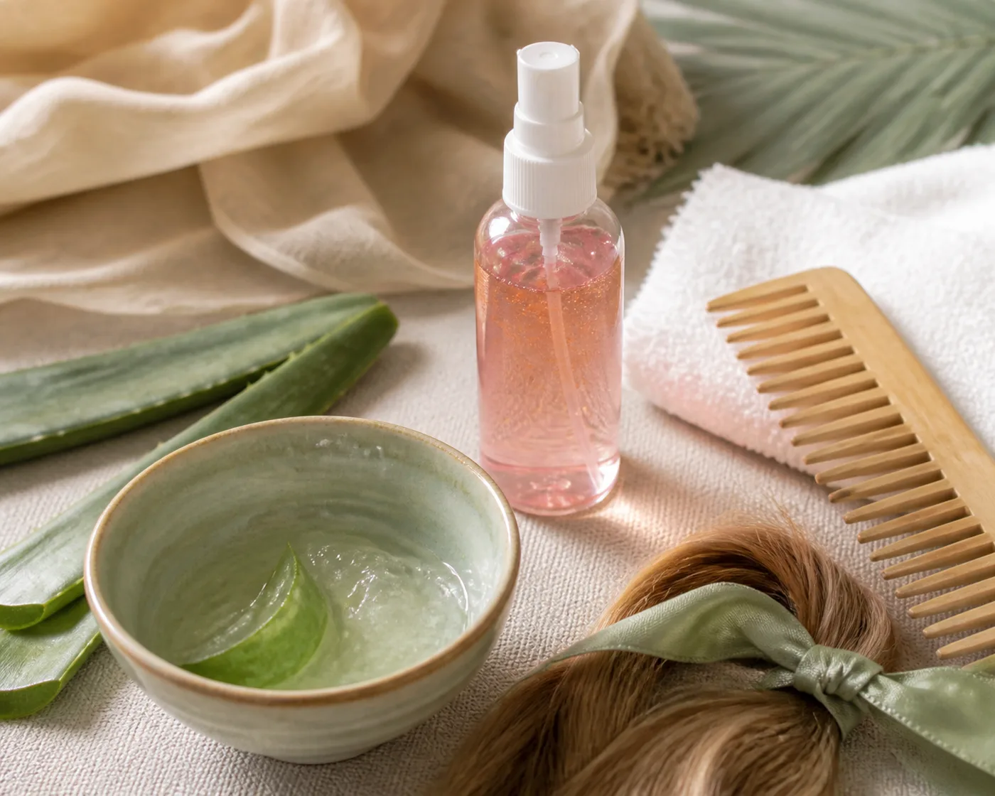 Lightweight aloe, hair mist, comb and towel for a summer frizz hair ritual