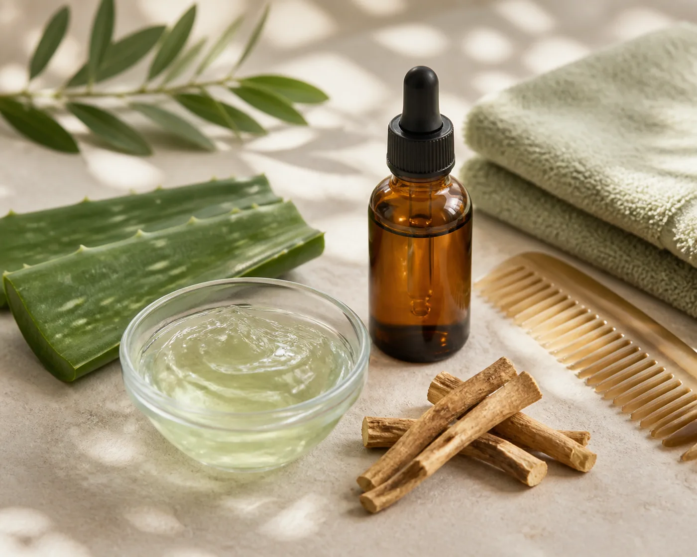 Aloe gel, marshmallow root and a light hair oil arranged for a summer frizz ritual