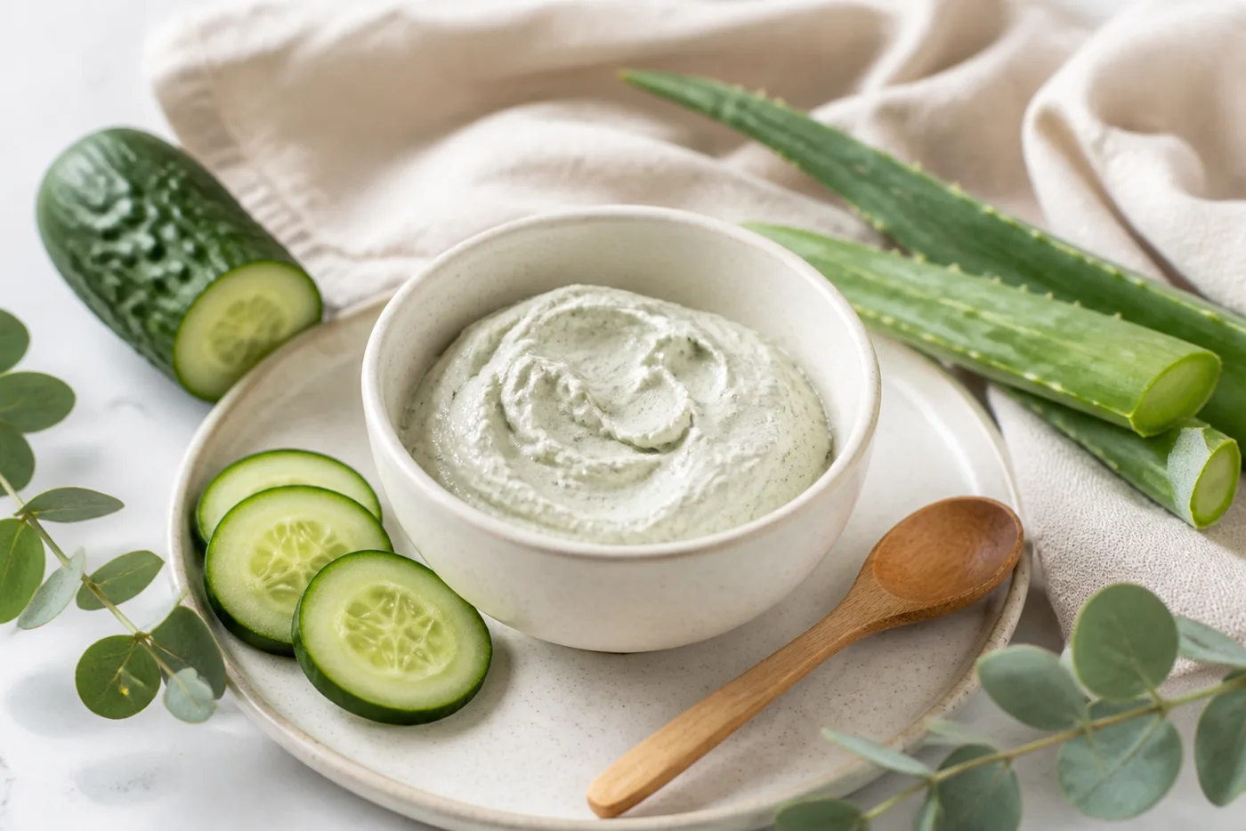 Kaolin cucumber aloe face mask in a ceramic bowl