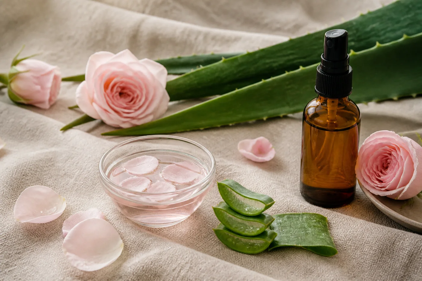 Rose water, aloe vera and rose petals for a gentle mature skin ritual