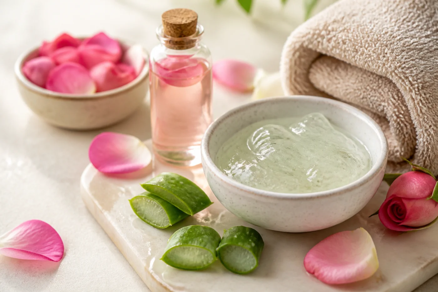 Aloe vera gel, rose water and rose petals for a gentle DIY beauty ritual