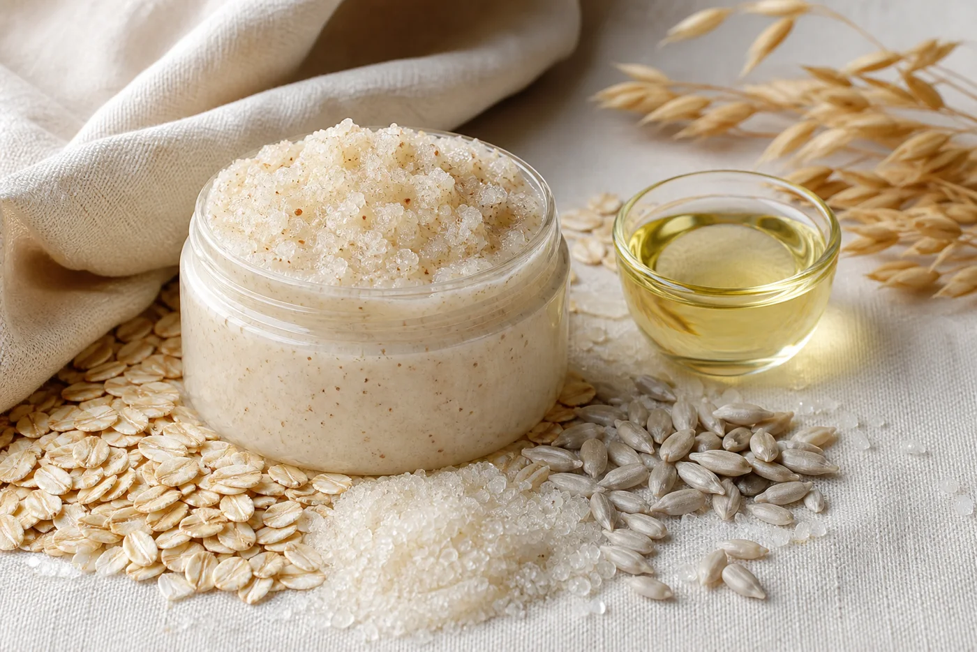 Sunflower oil oat sugar body polish in a cream jar