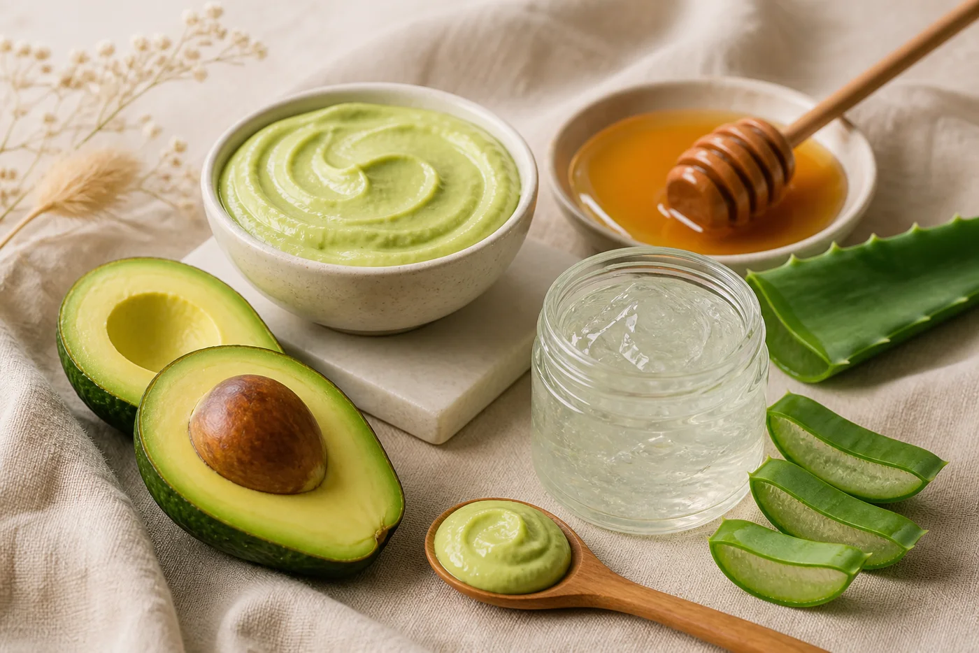 Avocado honey and aloe hair mask in a ceramic bowl