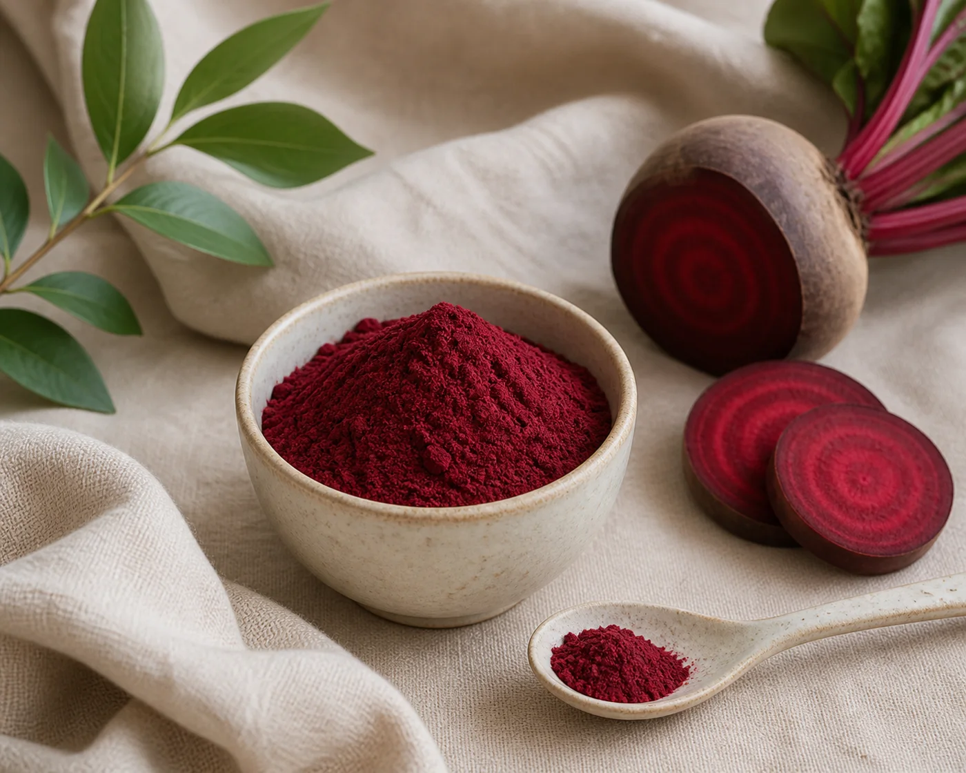 Beetroot powder in a ceramic bowl with sliced beets