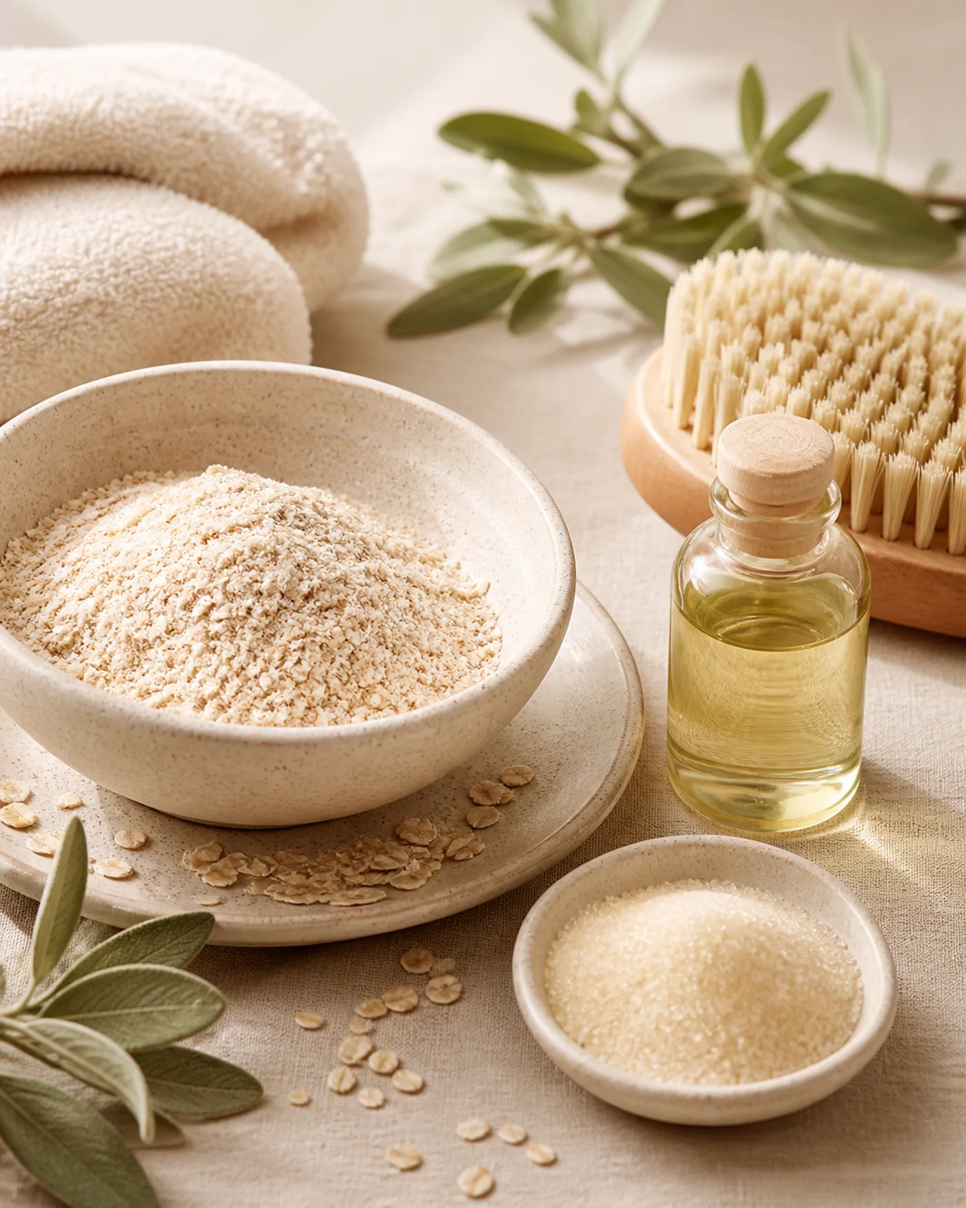 Fine sugar, oat flour, oil and body brush for a gentle body polish