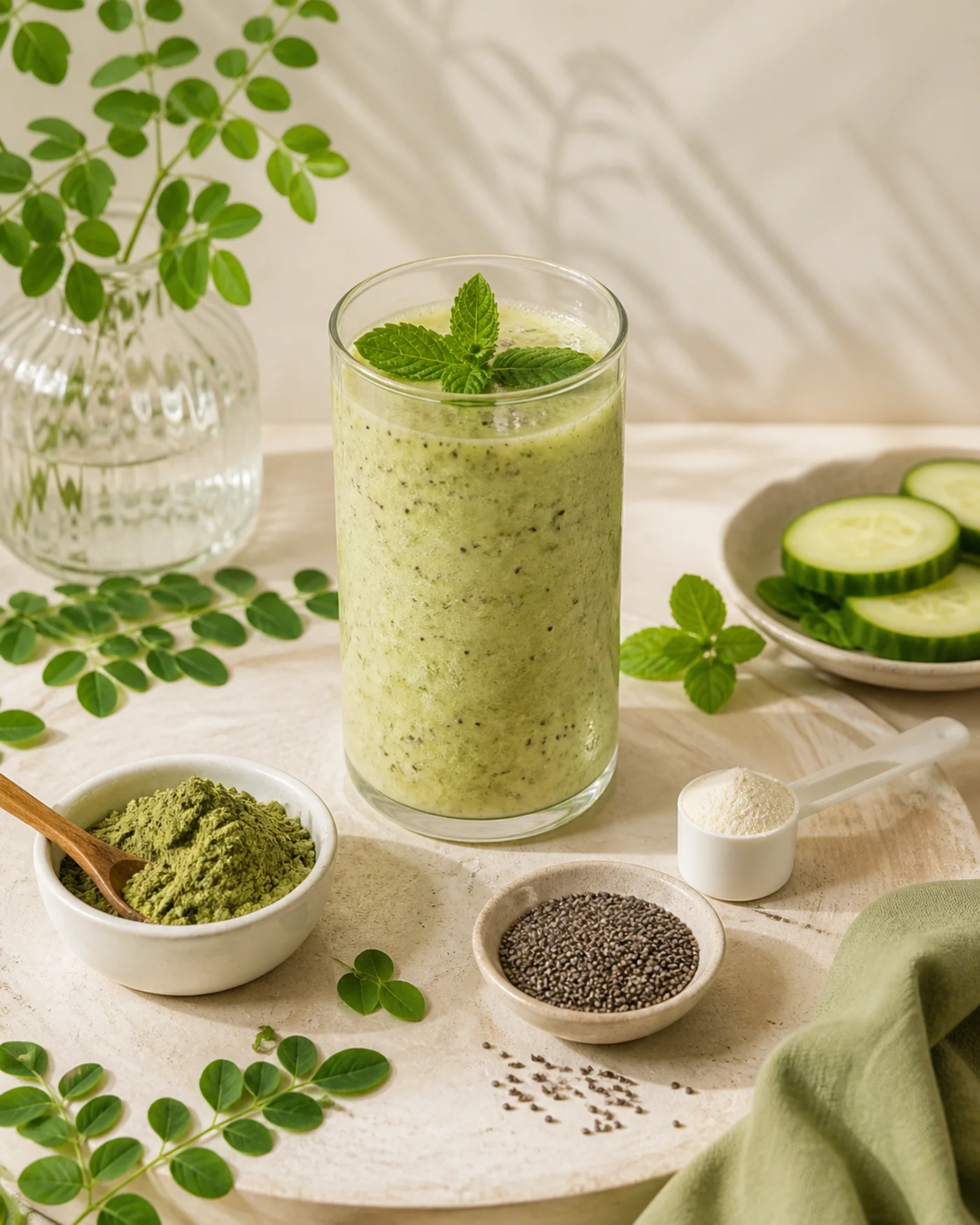 Moringa cucumber kefir chia green beauty drink