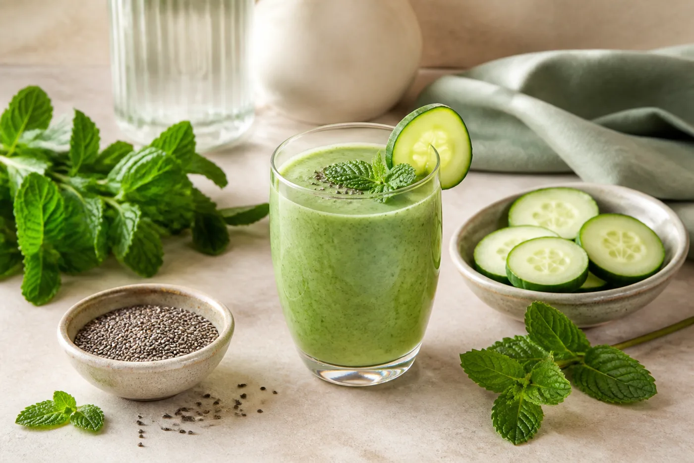 Cucumber Mint Chia Glow Smoothie still life