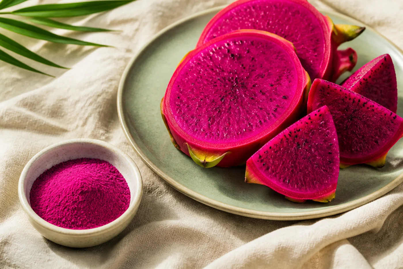 Sliced dragon fruit and dragon fruit powder on beige linen