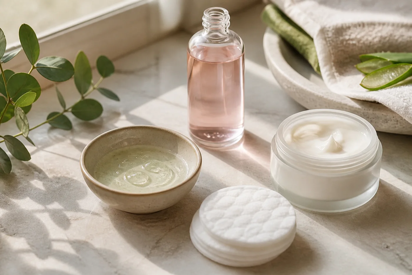 Small bowl of glycerin and aloe skincare mix with moisturizer and cotton pads