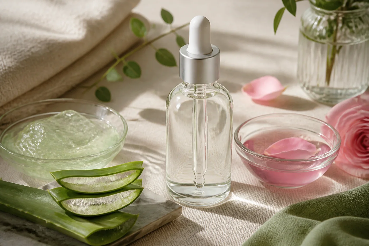 Vegetable glycerin dropper with aloe and rose water skincare bowls