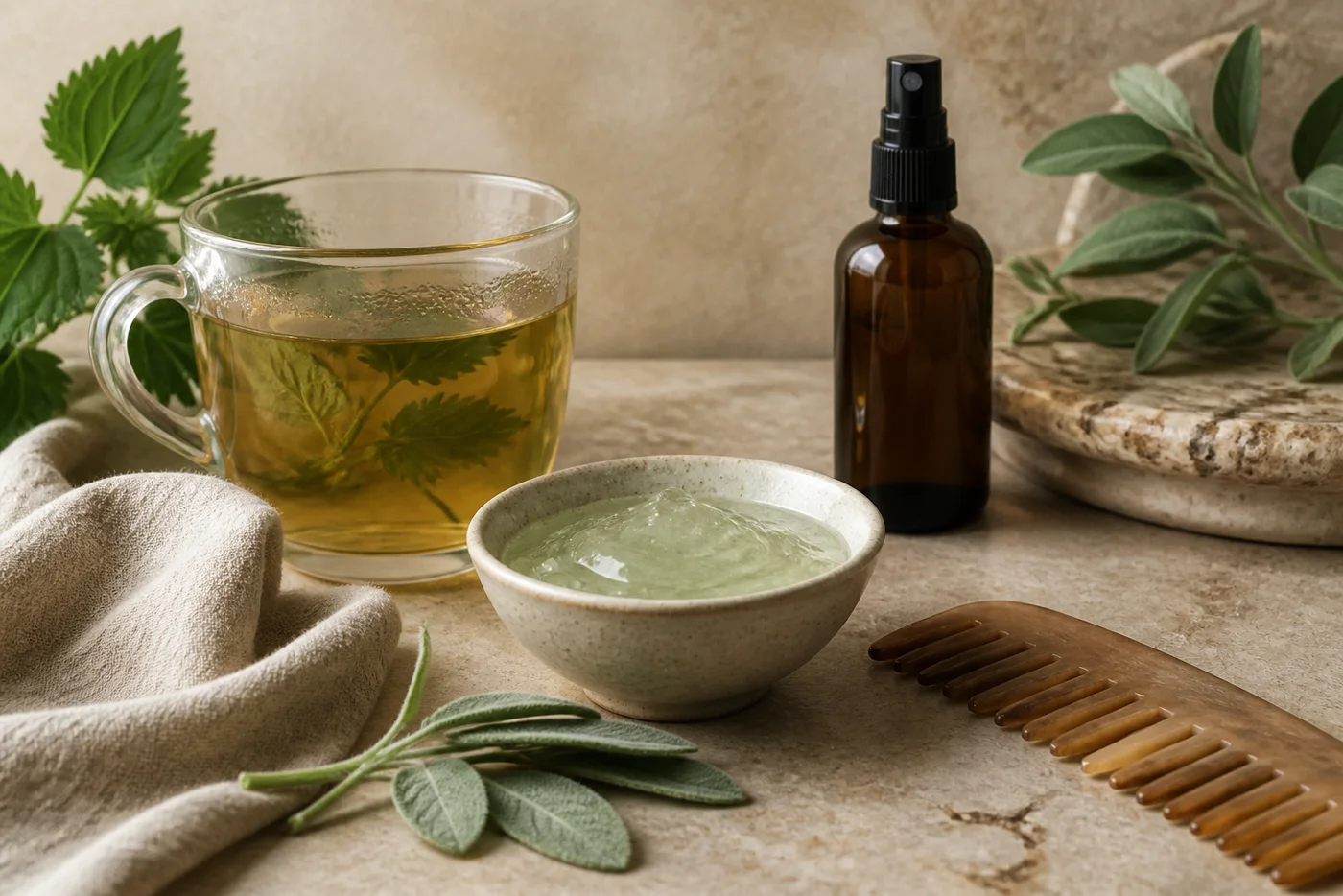 Nettle tea aloe gel and spray bottle for a soft root hair rinse