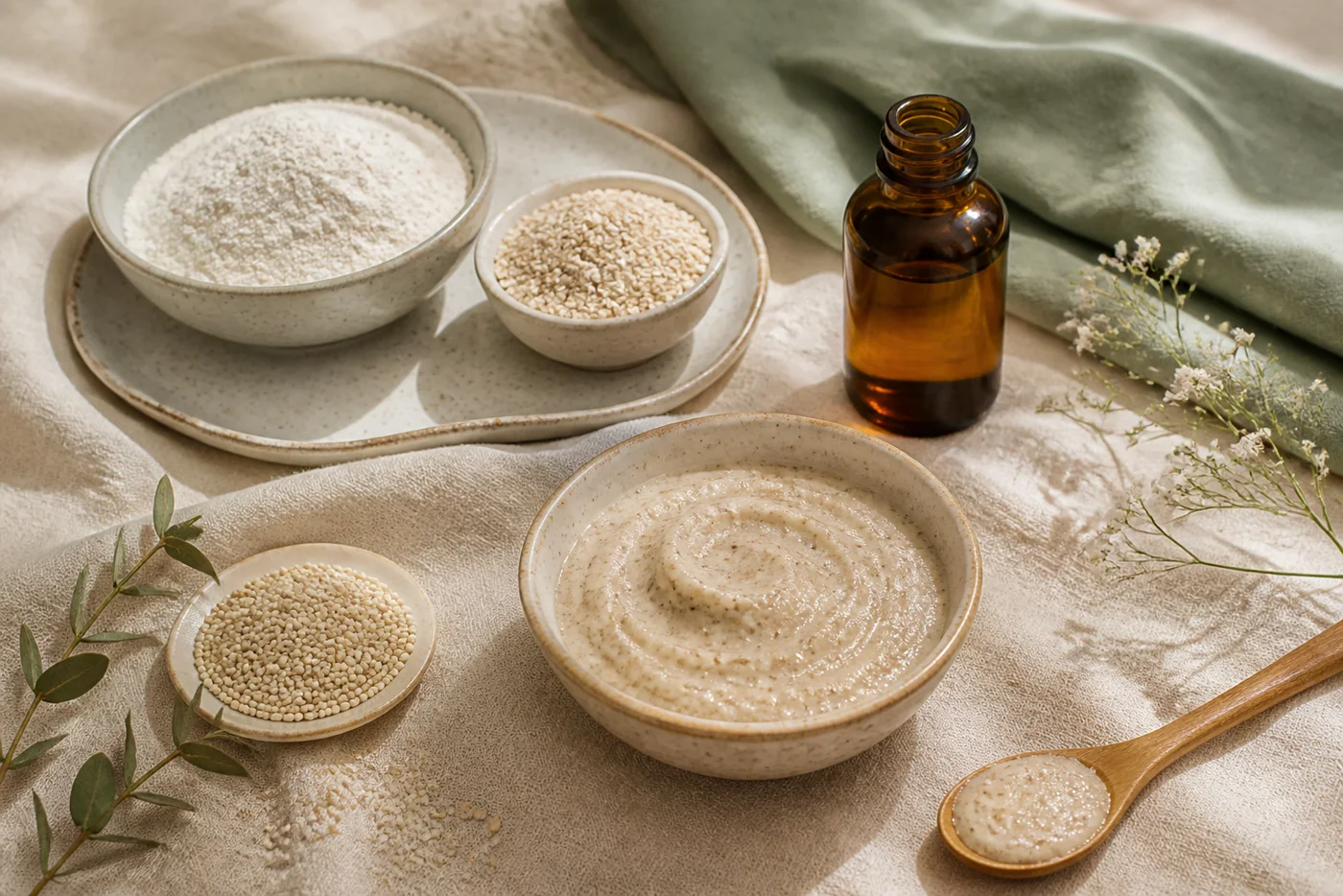 Quinoa flour oats and jojoba oil body polish in ceramic bowls