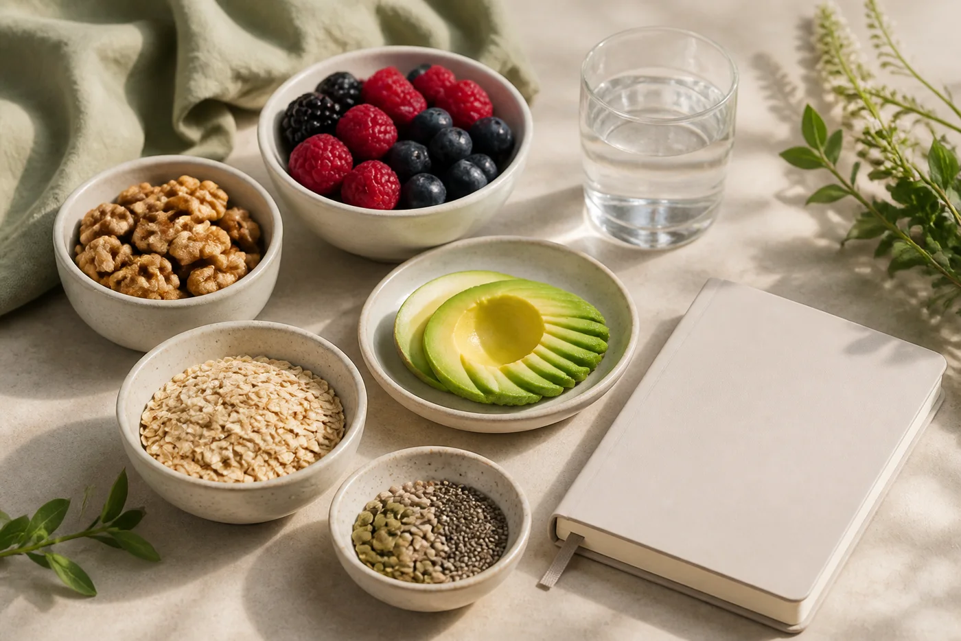 Food-first hair nutrition still life with berries oats walnuts avocado seeds and water