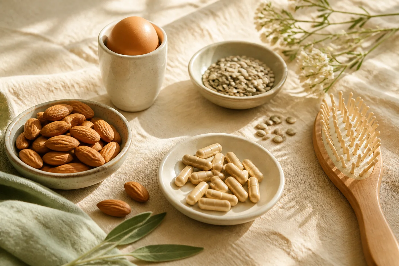 Biotin hair nutrition still life with eggs almonds seeds capsules and a wooden hair brush