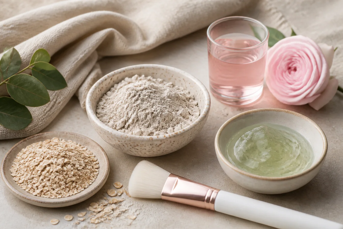 Kaolin clay, oat flour, rose water and aloe gel for a soft-balance face mask