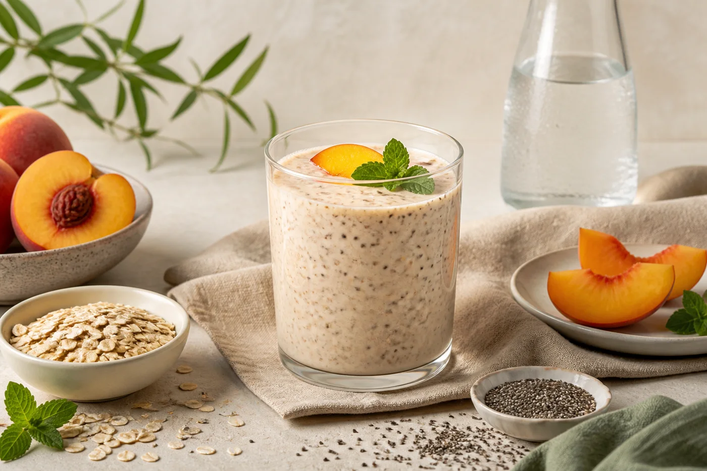Peach kefir chia and oat smoothie with mint on beige linen