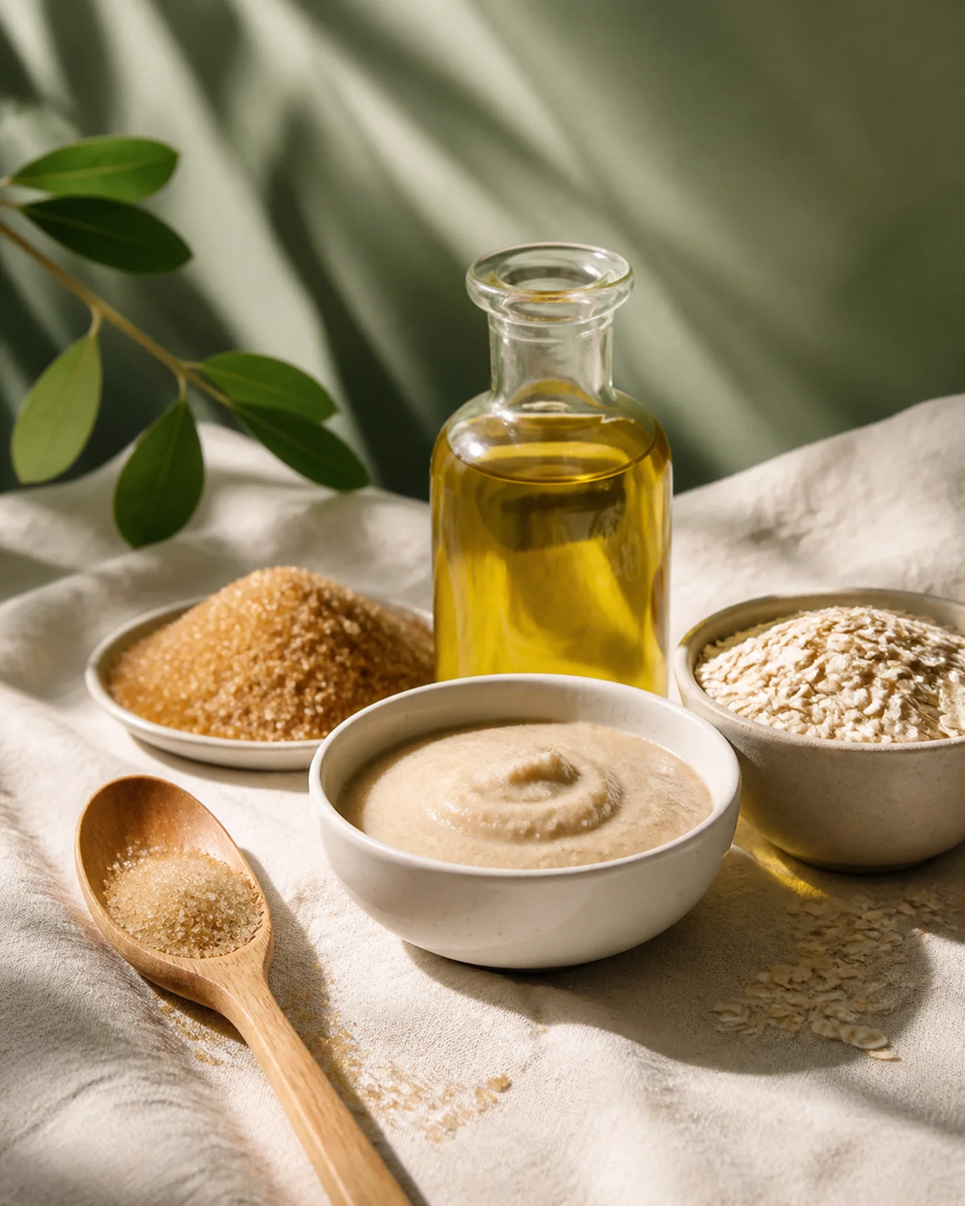 Apricot kernel oil oats and brown sugar body polish in ceramic bowls