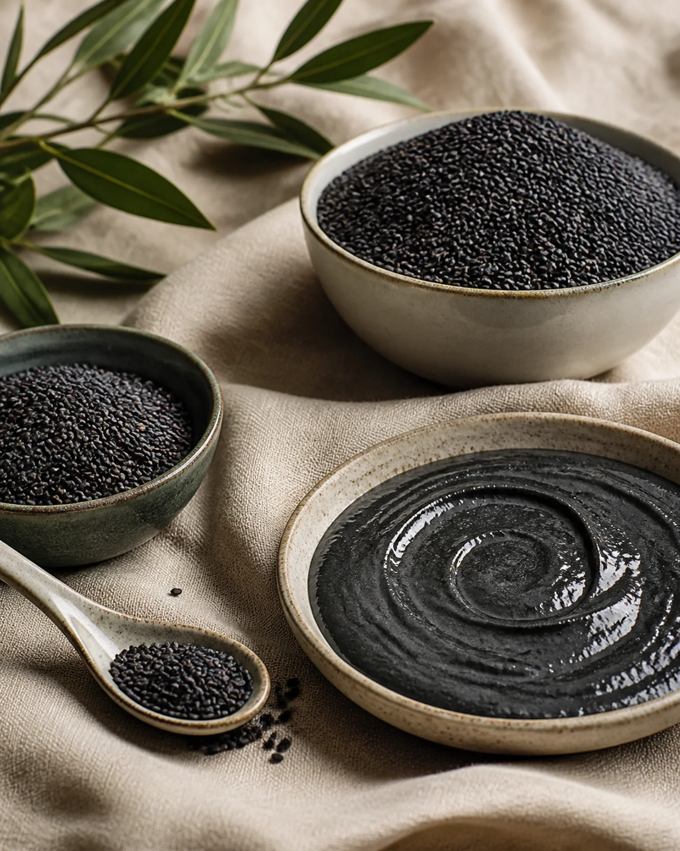 Black sesame seeds and black sesame paste in ceramic bowls