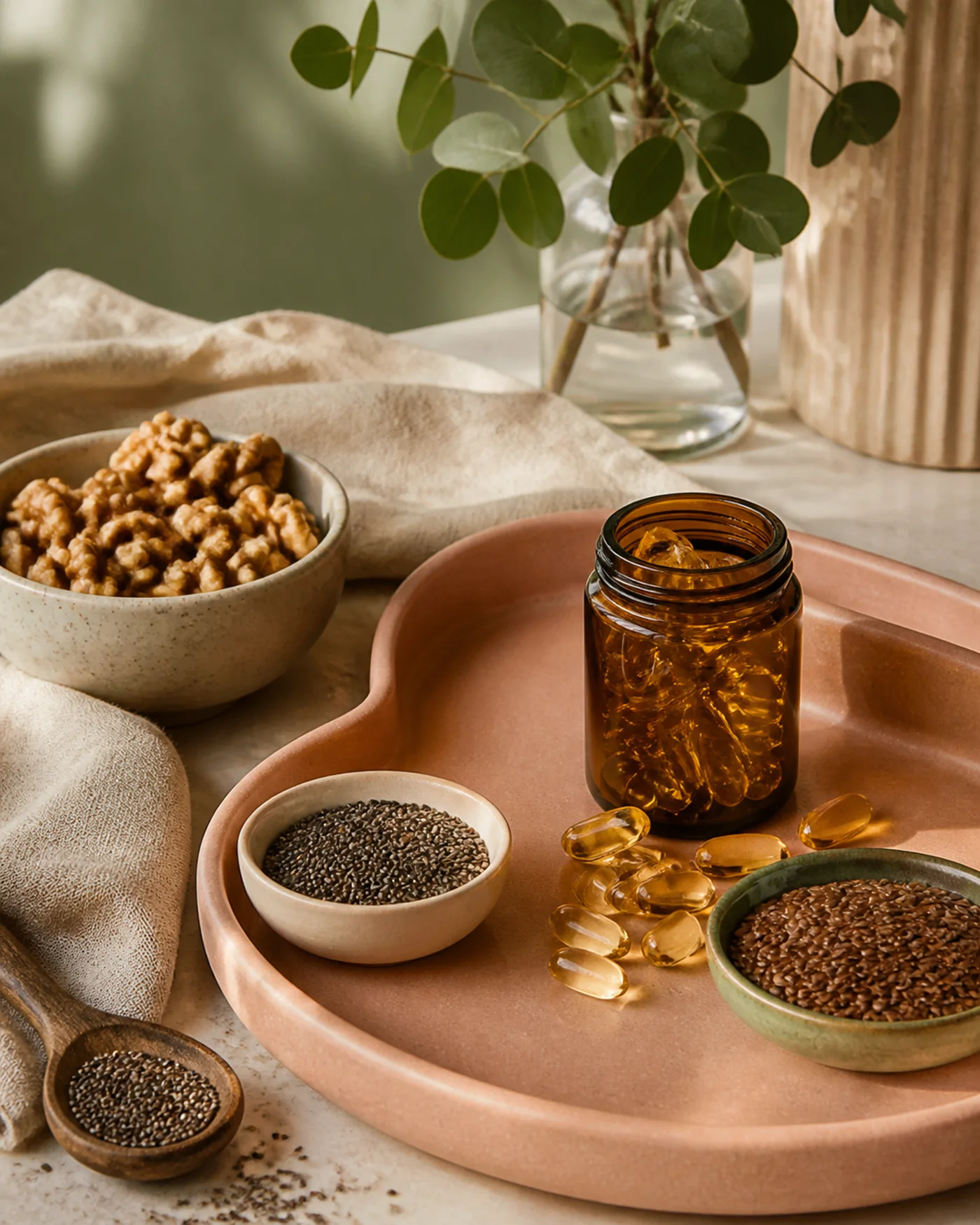 Omega-3 foods and supplement capsules with walnuts chia and flax on beige linen