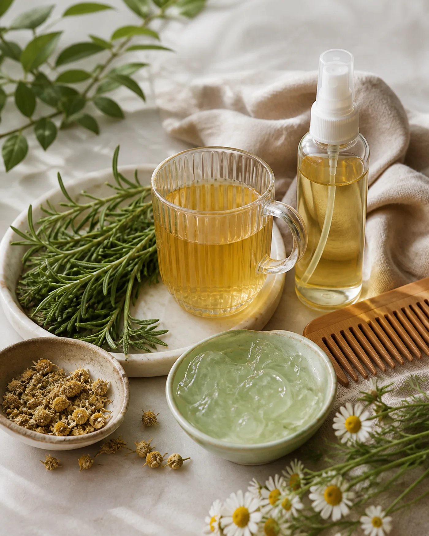 Rosemary chamomile aloe and spray bottle for a soft-shine hair rinse