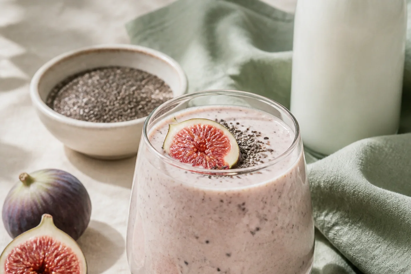 Fig kefir chia soft glow smoothie with fresh figs and chia seeds