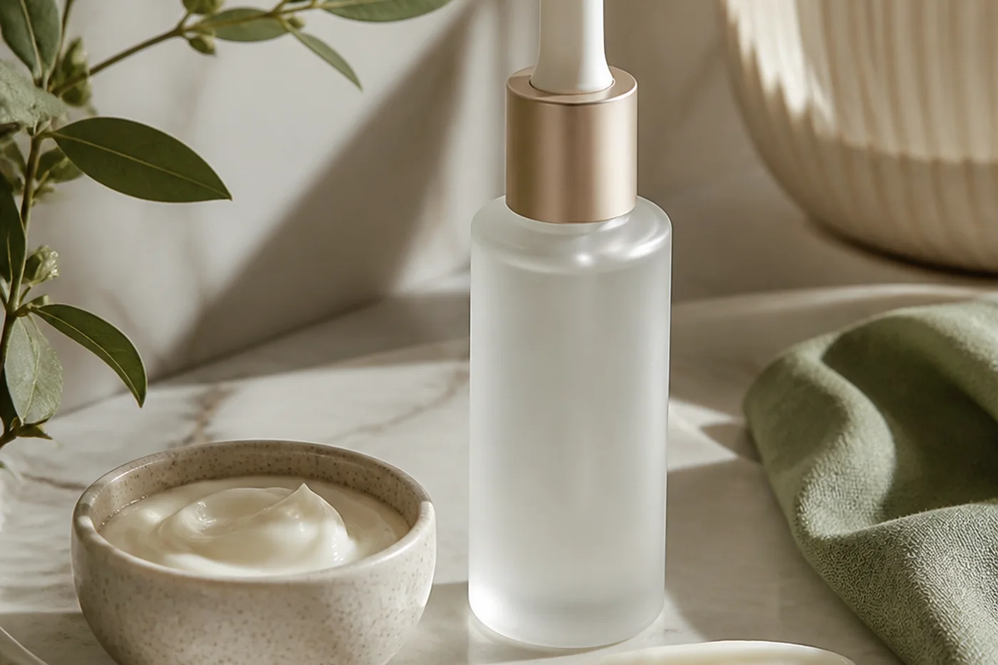 Peptide serum bottle with cream texture and a sage towel