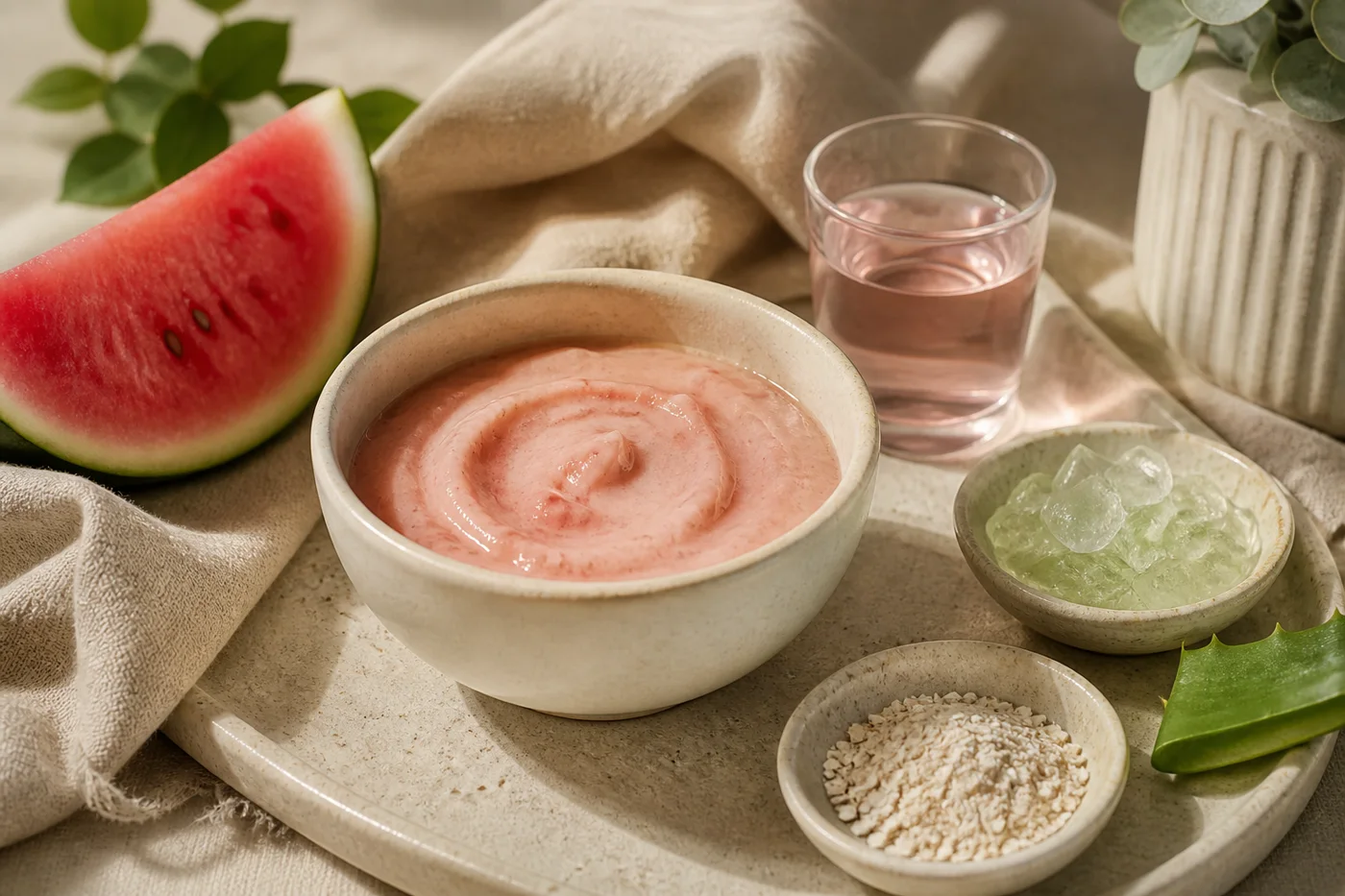 Watermelon aloe oat and rose water fresh comfort face mask in a ceramic bowl