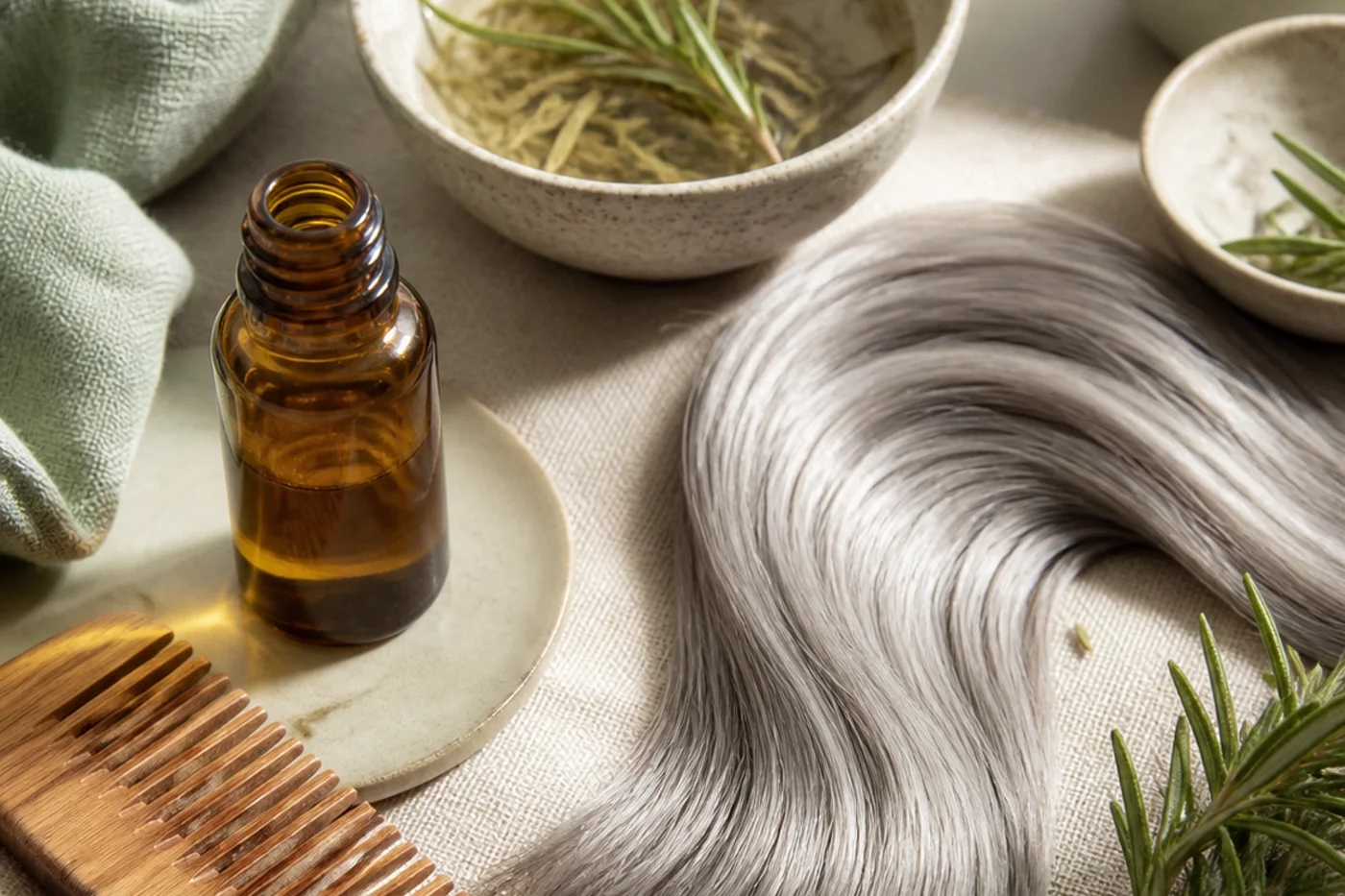 Silver hair care still life with comb tea and lightweight oil